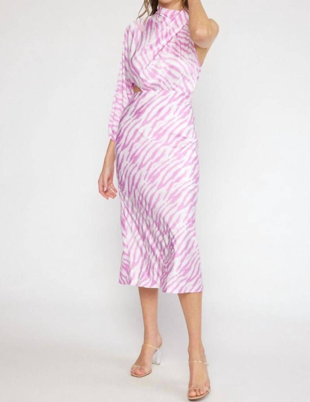 Entro Midi Dress Large Zebra Satin One Sleeve Pink White